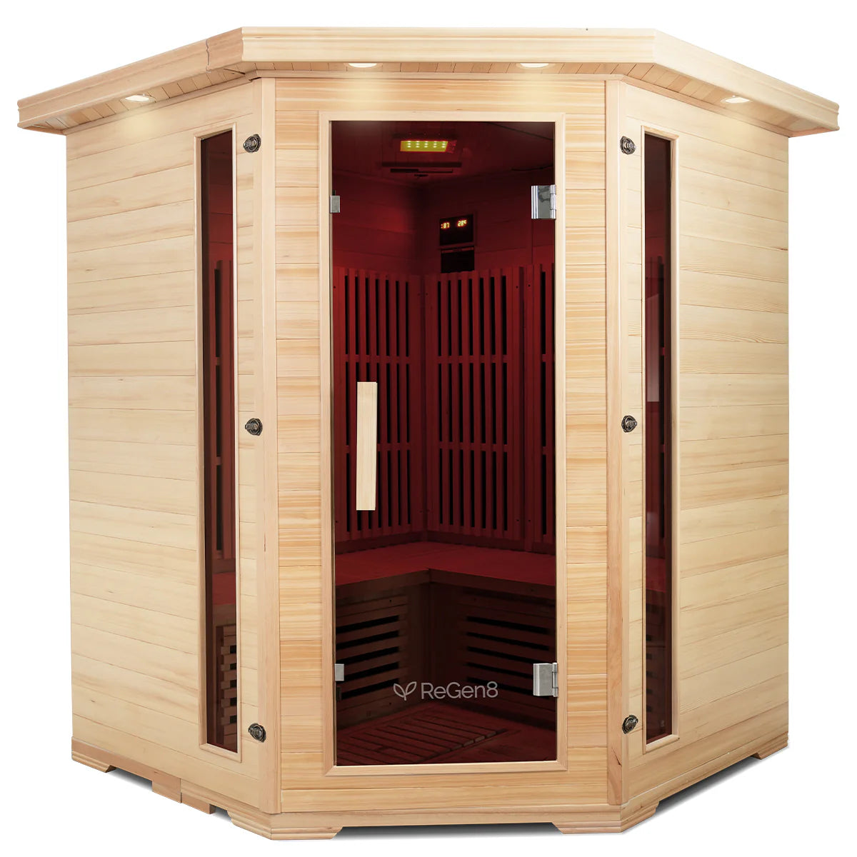Lifespan Fitness wooden sauna with glass door and interior seating for home relaxation
