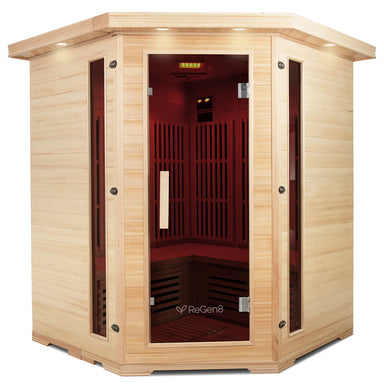 Lifespan Fitness wooden sauna with glass door and interior seating for home relaxation