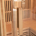 Close-up of wooden handle on Lifespan Fitness sauna door showcasing natural wood design