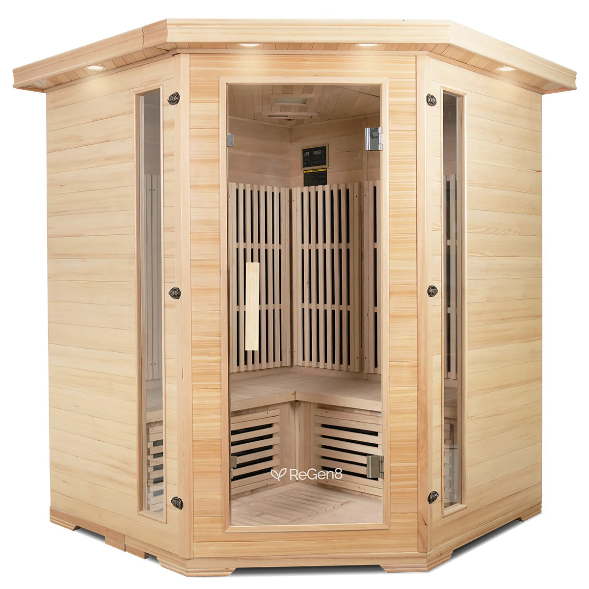 Lifespan Fitness wooden sauna with glass door and corner seating for home relaxation