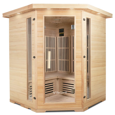 Lifespan Fitness wooden sauna with glass door and corner seating for home relaxation