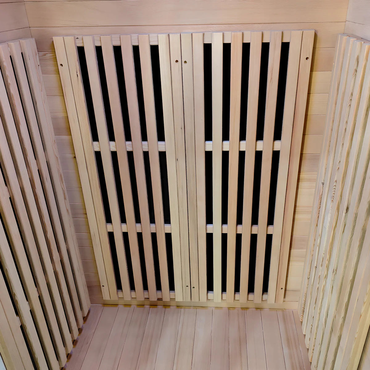 Lifespan Fitness wooden sauna interior with vertical slat panels and light wood flooring