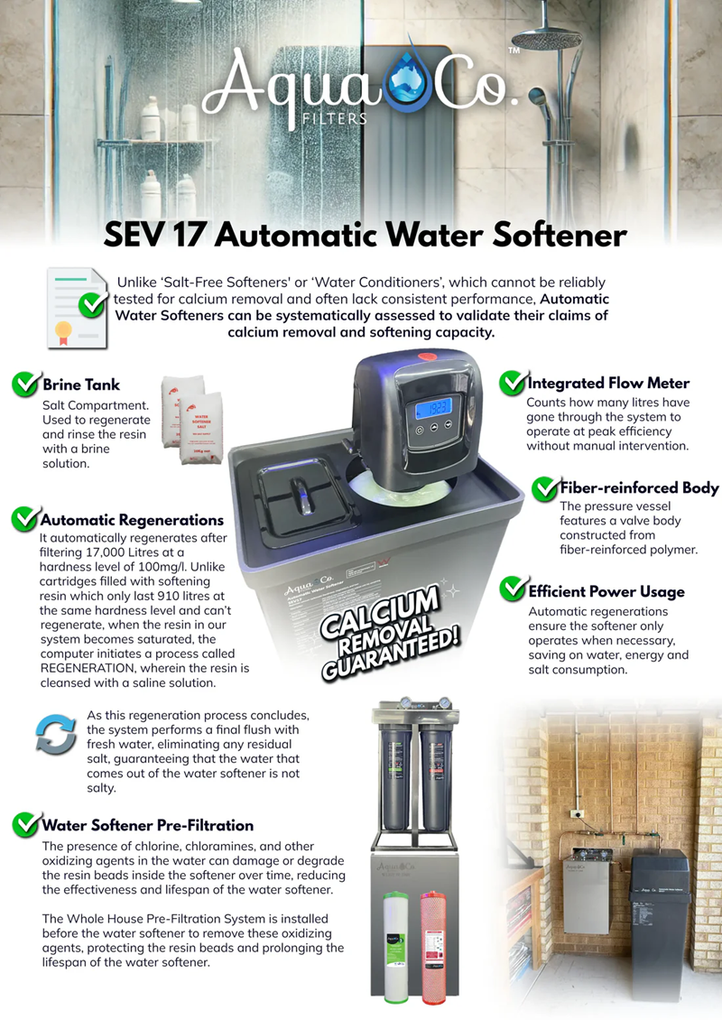 Advertisement for Aqua Co SEV 17 Automatic Water Softener with product features highlighted.