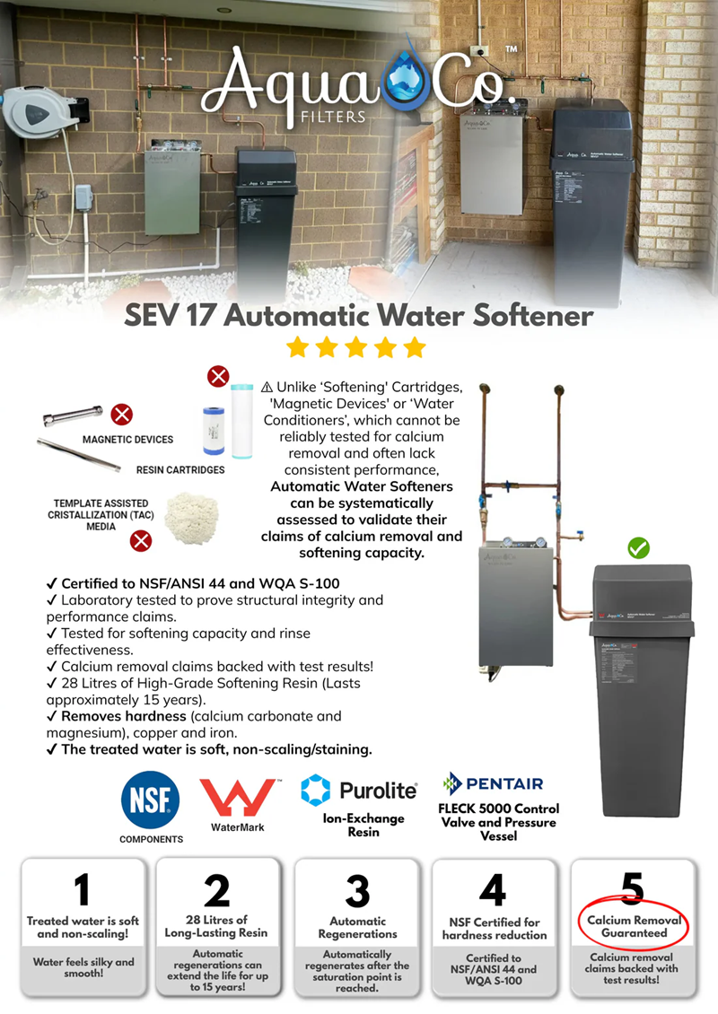 Advertisement for Aqua Co SEV 17 Automatic Water Softener with features and certifications listed.