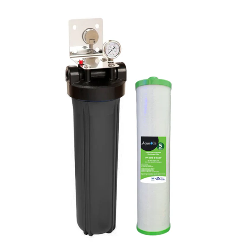 Water filter system with a black housing and sediment filter on a white background