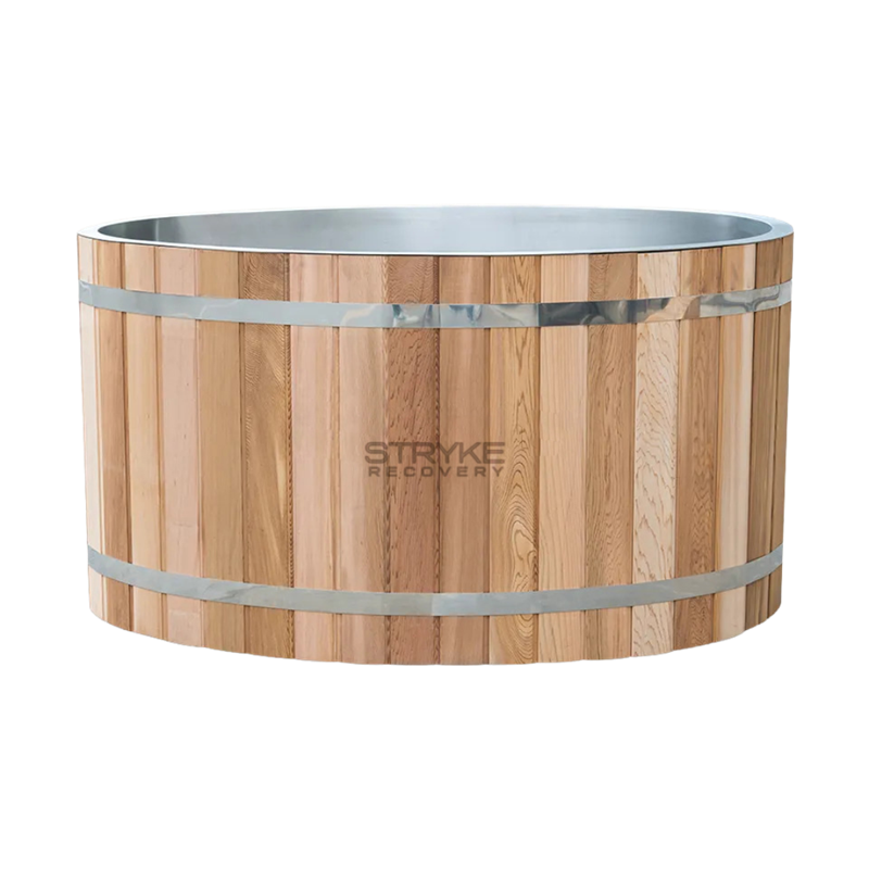 Stryke Recovery wooden ice bath with metal bands and smooth interior for cold therapy
