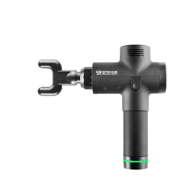 Stryke Recovery black massage gun with fork attachment for muscle relief and deep tissue therapy