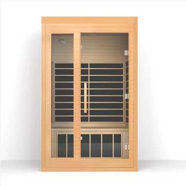 Wooden sauna door with glass panels on a white background