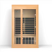 Wooden sauna door with glass panels on a white background