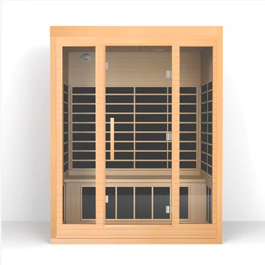 Infrared sauna with wooden exterior and glass doors on a white background