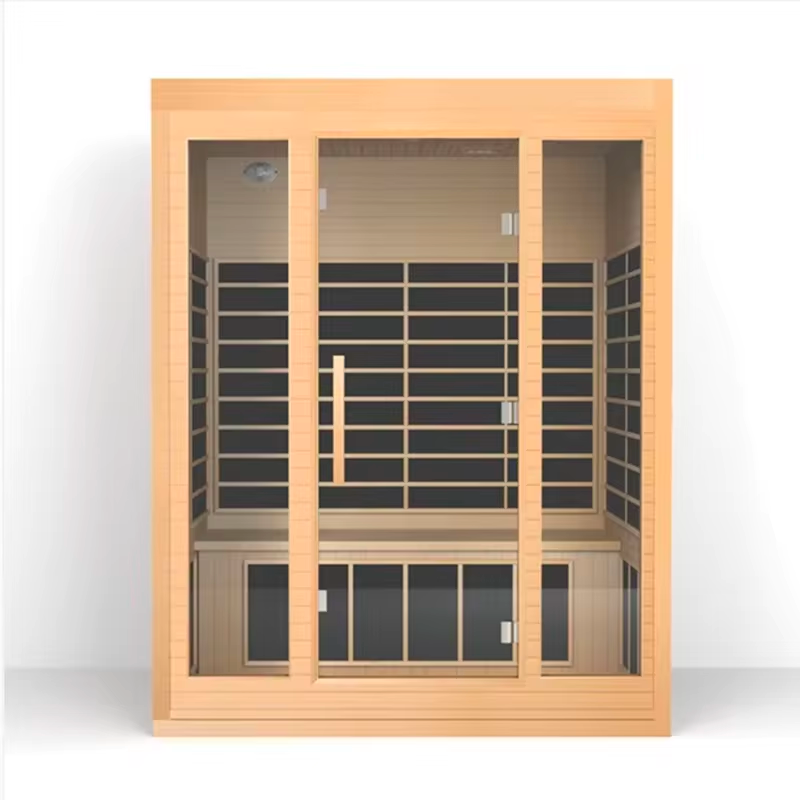 Infrared sauna with wooden exterior and glass doors on a white background