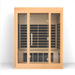 Infrared sauna with wooden exterior and glass doors on a white background
