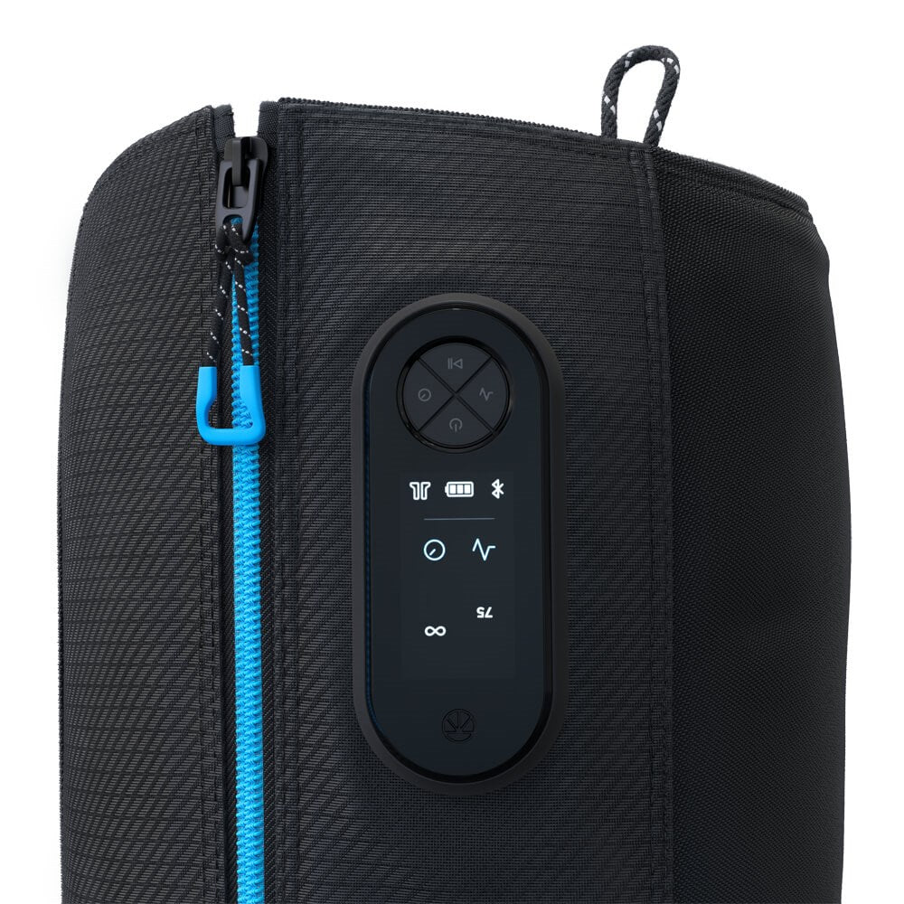 Therabody black compression boots with digital control panel and blue zipper detail