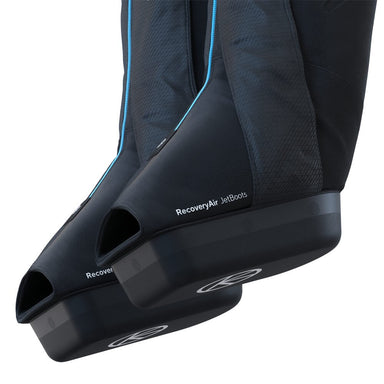 Therabody RecoveryAir JetBoots compression boots in black with blue trim for leg recovery