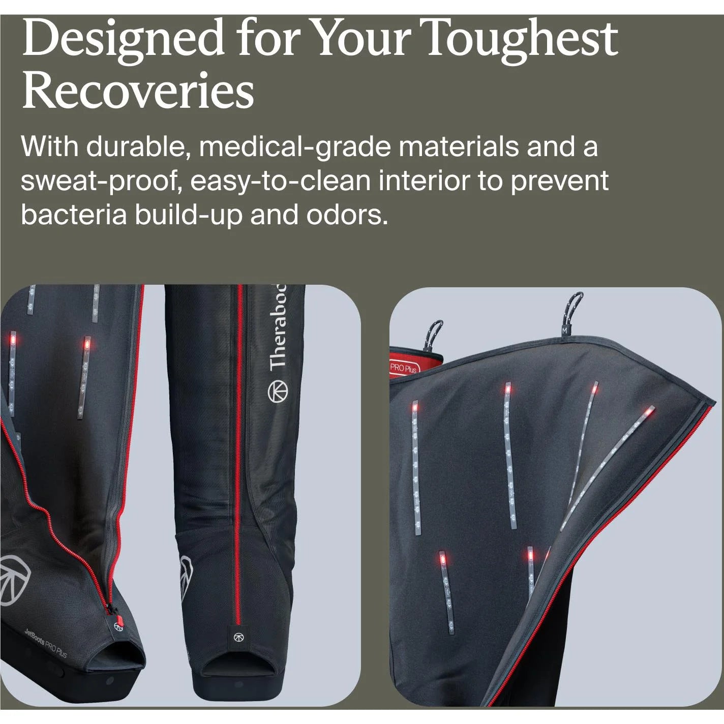 Therabody compression boots in black with red accents featuring medical-grade material and easy-to-clean interior
