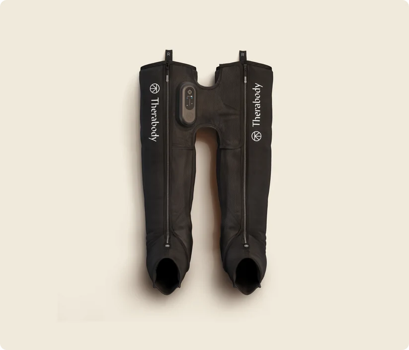 Therabody black compression boots with control panel for leg recovery and muscle relief
