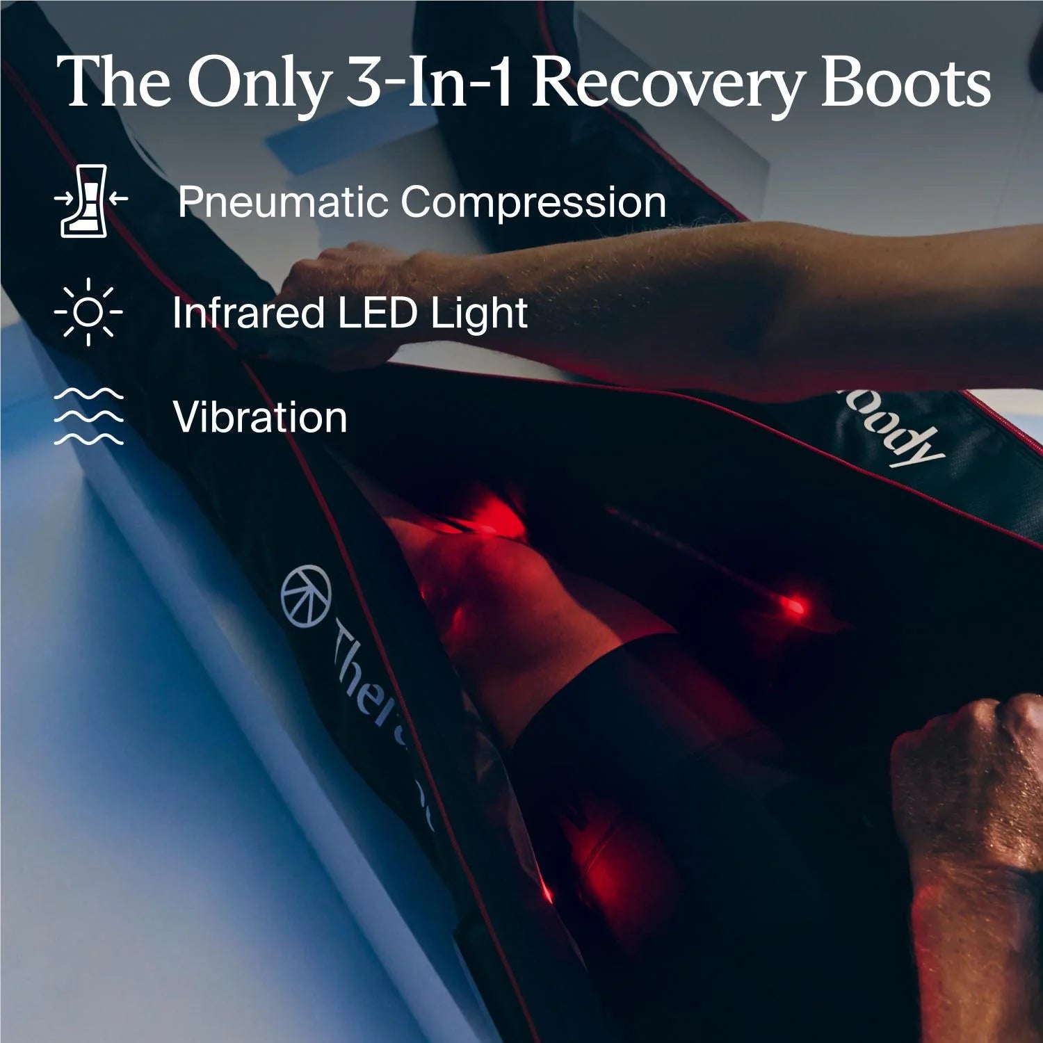 Therabody compression boots with pneumatic compression, infrared LED light, and vibration recovery features