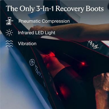 Therabody compression boots with pneumatic compression, infrared LED light, and vibration recovery features