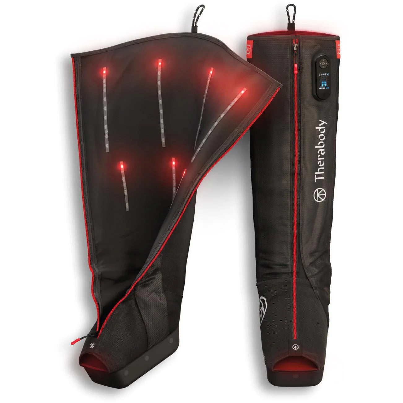 Therabody black compression boots with red accents and LED lights for muscle recovery