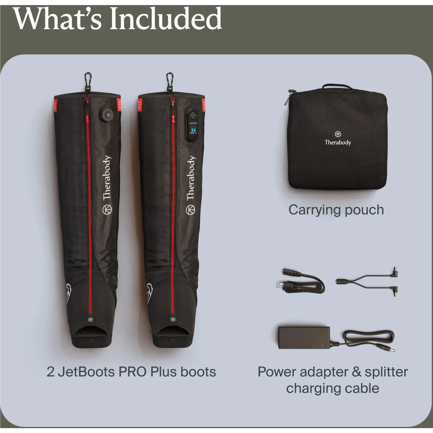 Therabody compression boots set including two JetBoots PRO Plus compression boots, carrying pouch, power adapter, and charging cables