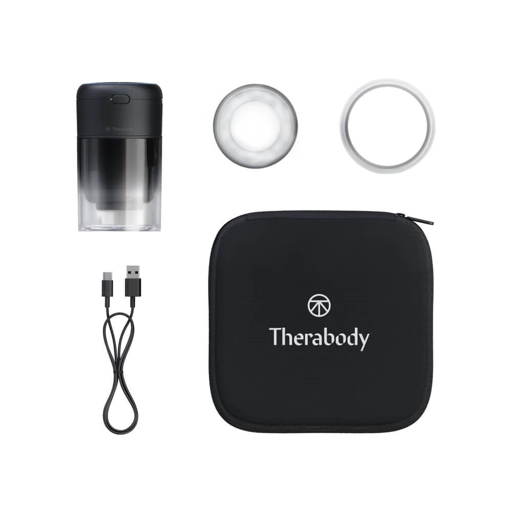 Therabody hot and cold therapy cupping device kit with charging cable and black carrying case