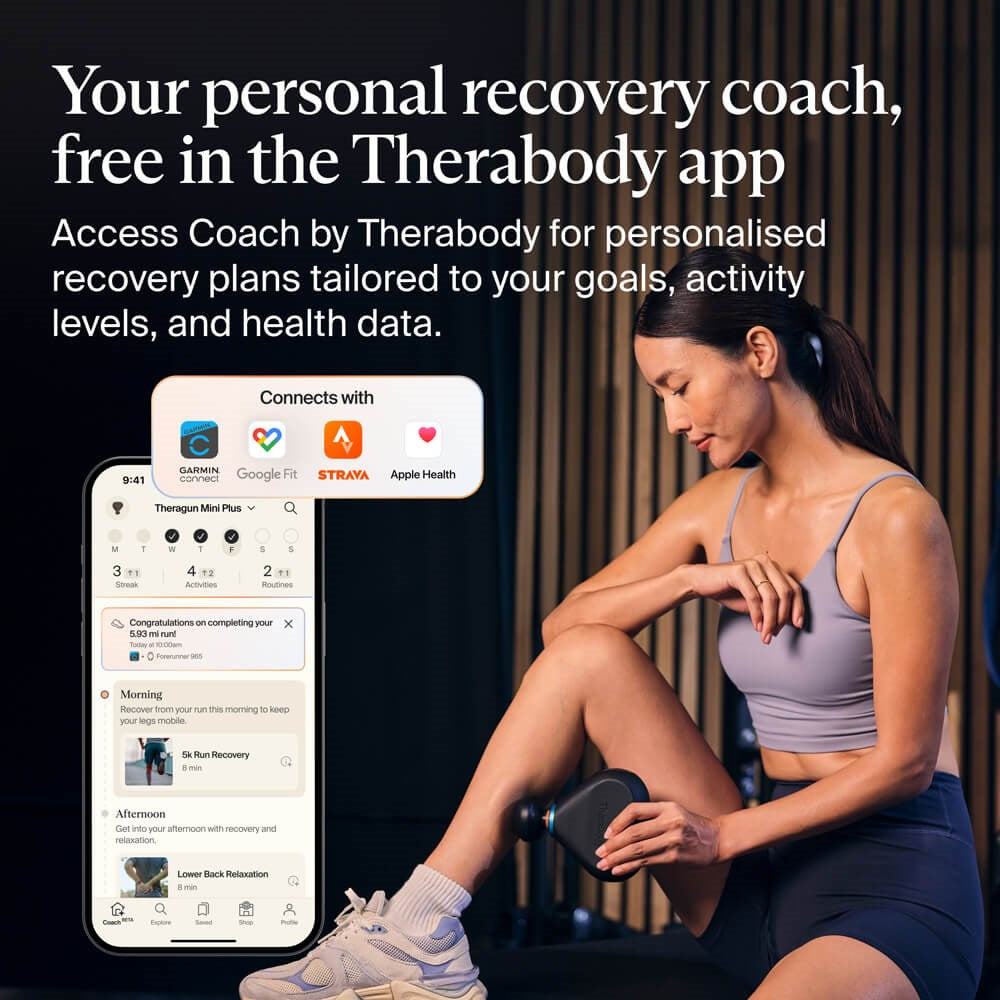 Woman using Therabody massage gun on leg with Therabody app for personalized recovery plans