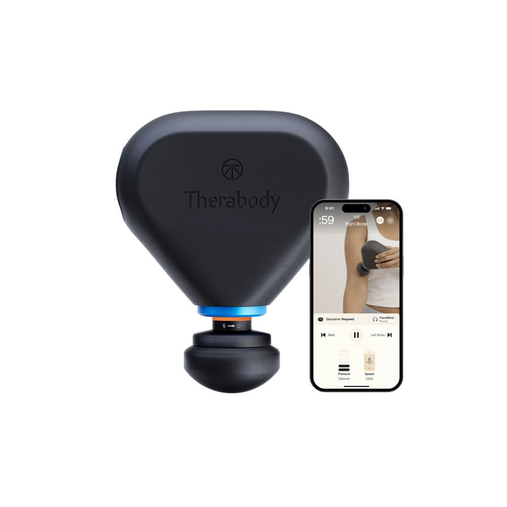 Therabody massage gun in black with smartphone app showing muscle treatment settings