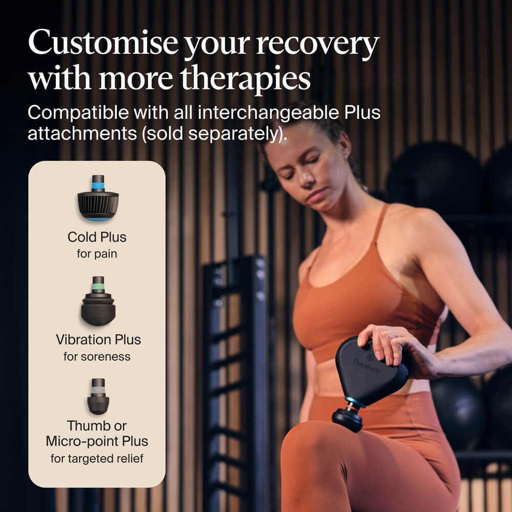 Therabody massage gun being used by woman with interchangeable attachments for pain and soreness therapy