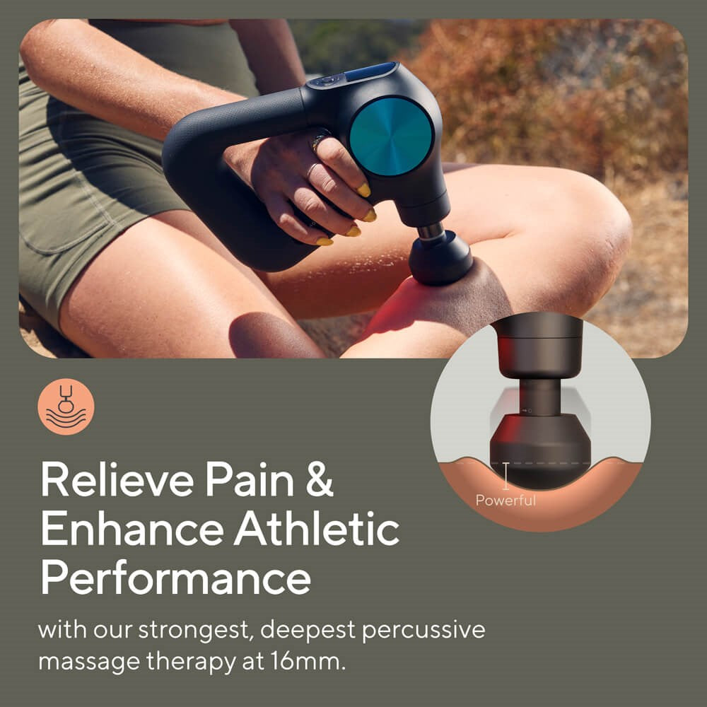 Therabody massage gun used on thigh for deep percussive therapy to relieve pain and enhance athletic performance