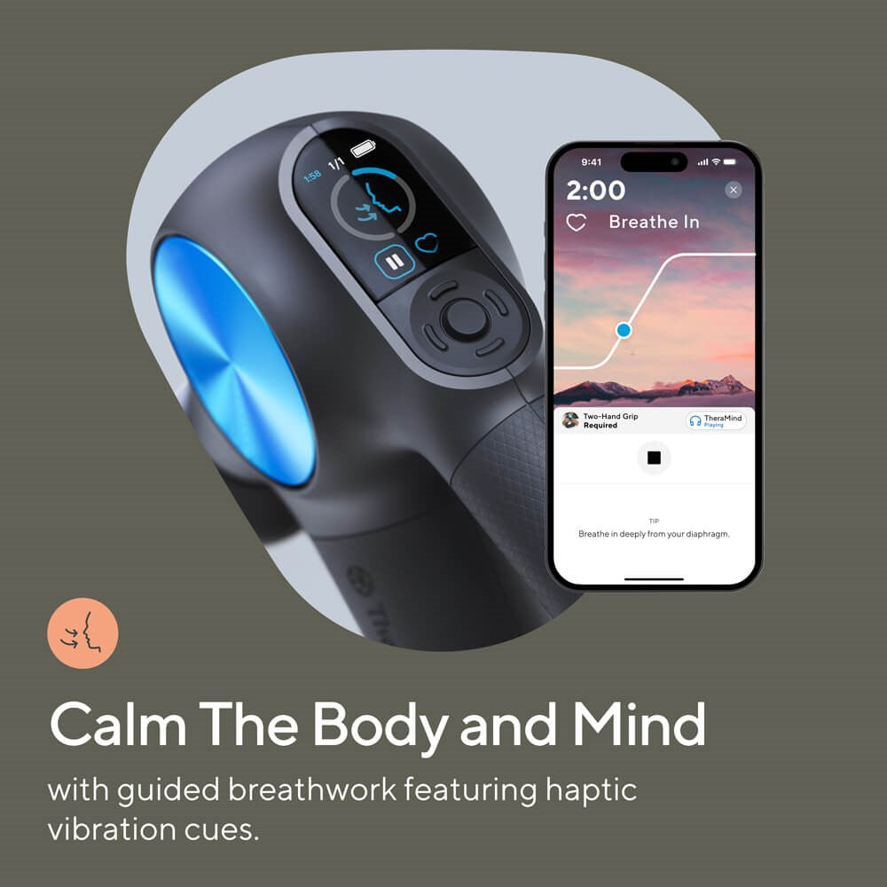 Therabody massage gun with digital display and app showing guided breathwork for relaxation