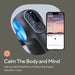 Therabody massage gun with digital display and app showing guided breathwork for relaxation