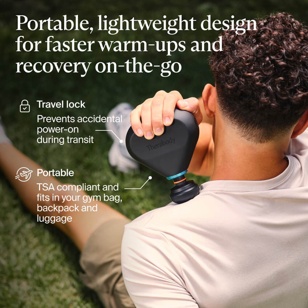 Therabody massage gun in use on shoulder showing portable lightweight design for recovery on the go