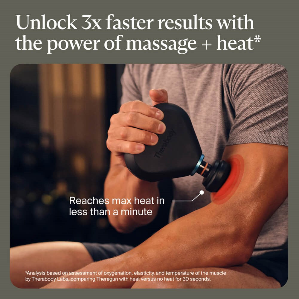 Therabody massage gun used on a person's arm showing heat therapy for faster muscle recovery