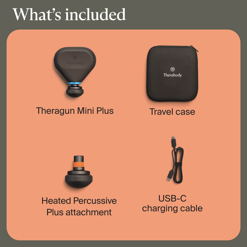 Therabody massage gun package showing Theragun Mini Plus, travel case, heated percussive attachment, and USB-C charging cable