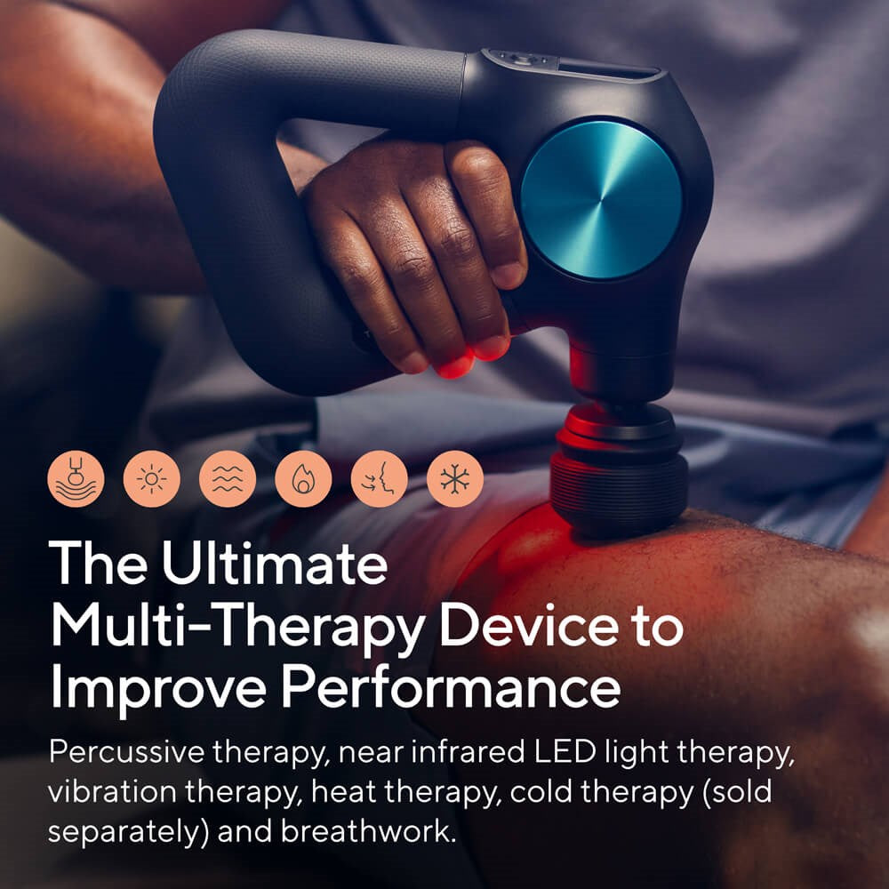 Therabody massage gun being used on shoulder with multi-therapy features for improved performance