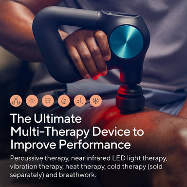 Therabody massage gun being used on shoulder with multi-therapy features for improved performance