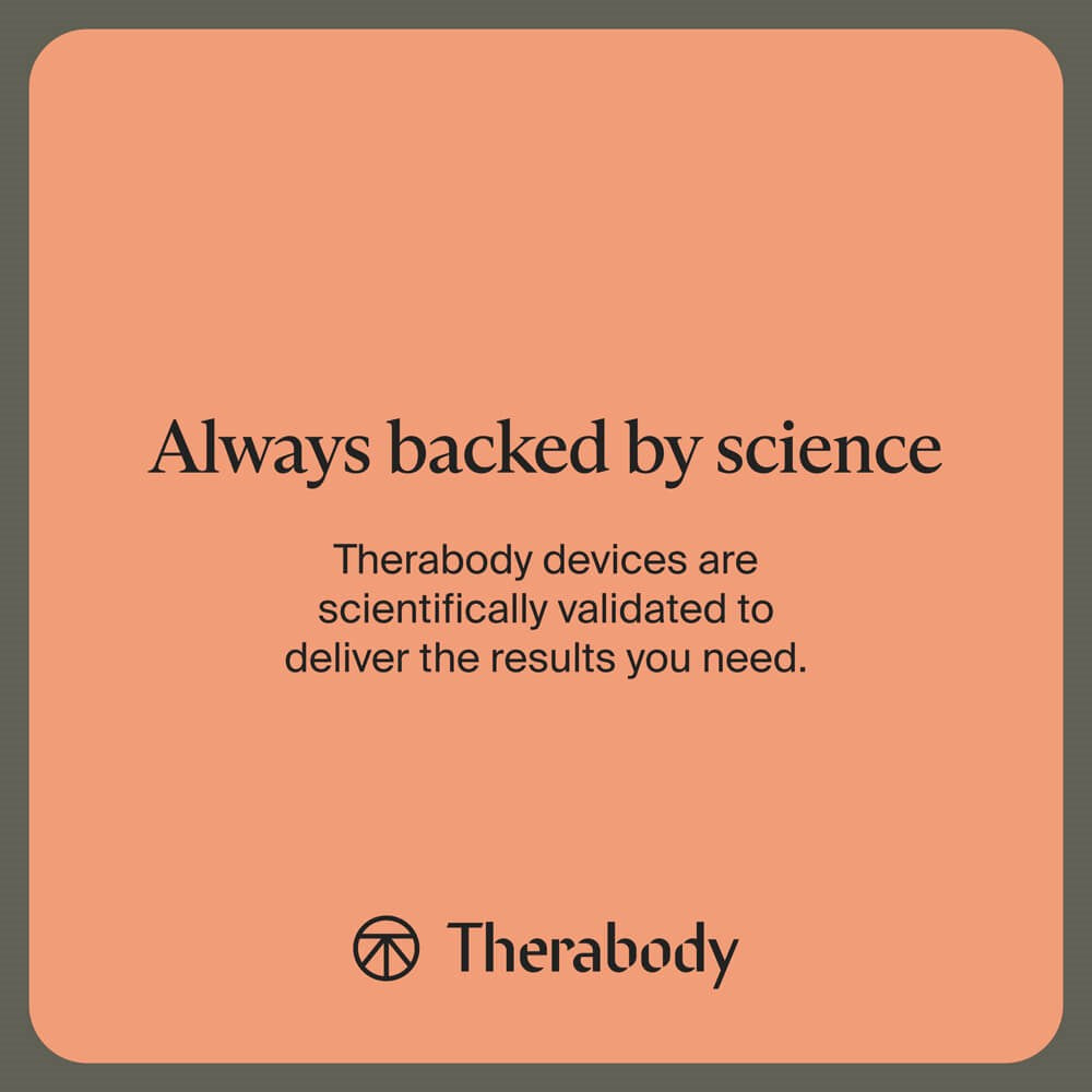 Therabody advertisement with text 'Always backed by science' on a peach background massage gun