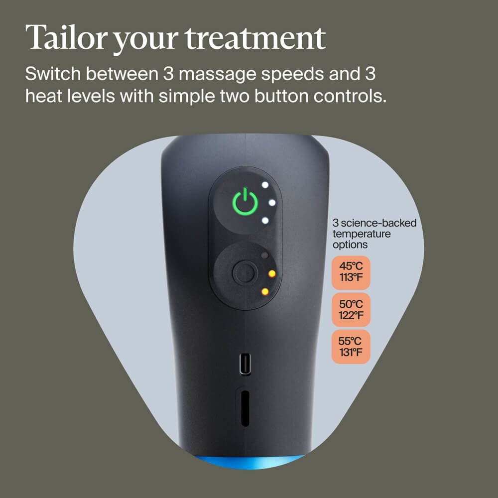 Therabody massage gun close-up showing power button and controls for 3 speeds and 3 heat levels