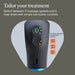 Therabody massage gun close-up showing power button and controls for 3 speeds and 3 heat levels