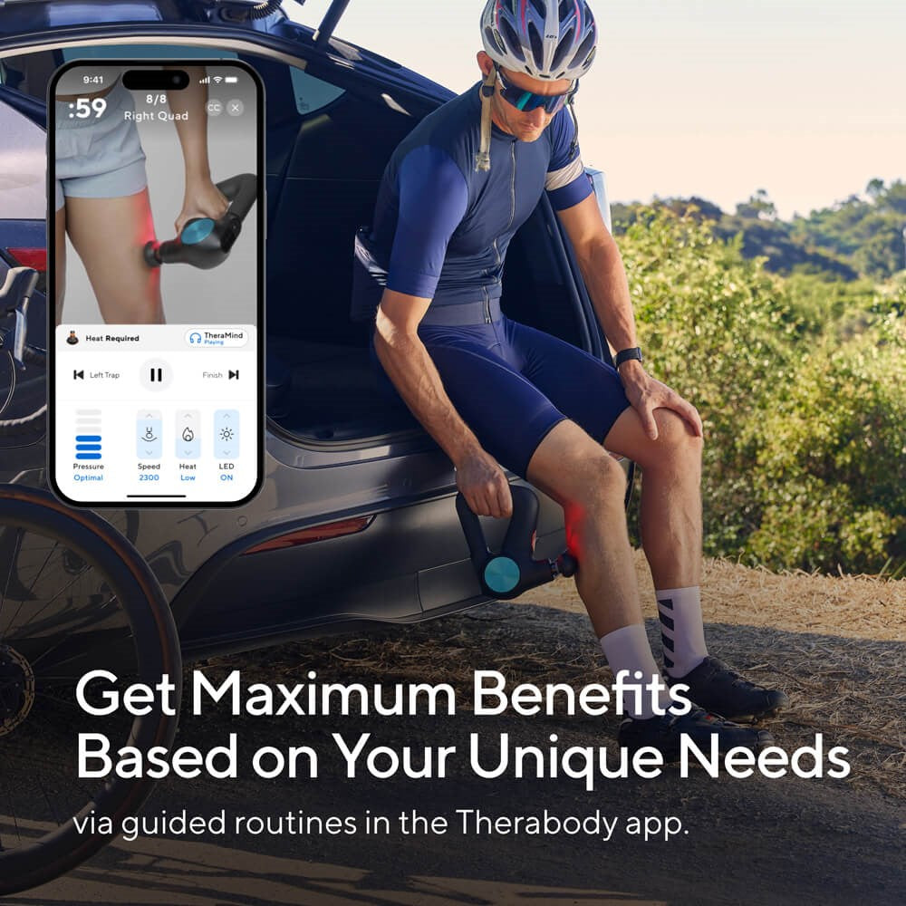 Therabody massage gun used by cyclist for muscle recovery with app-guided routines for personalized therapy