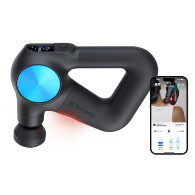 Therabody massage gun in black with blue circular detail and companion app shown on smartphone