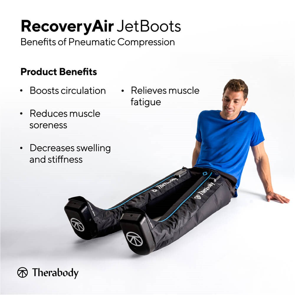 man wearing therabody recoveryair jetboots compression boots with product benefits