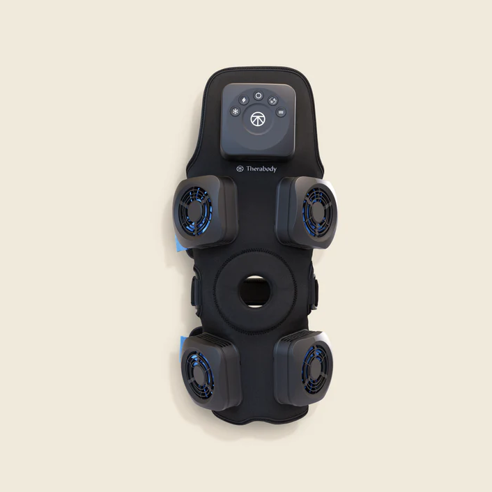 Therabody recoverytherm knee hot and cold therapy device with four cooling fans and adjustable controls