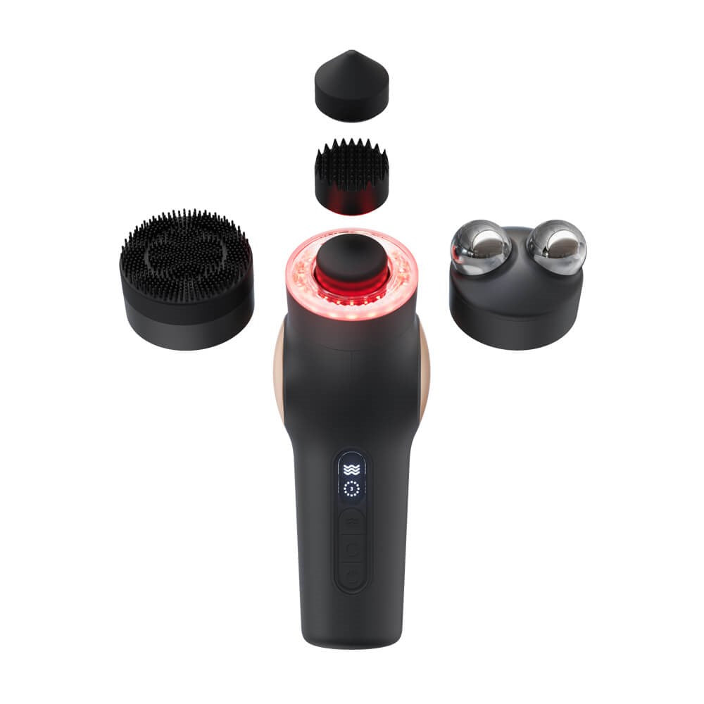Therabody theraface pro skincare device with four interchangeable black massage and cleansing attachments