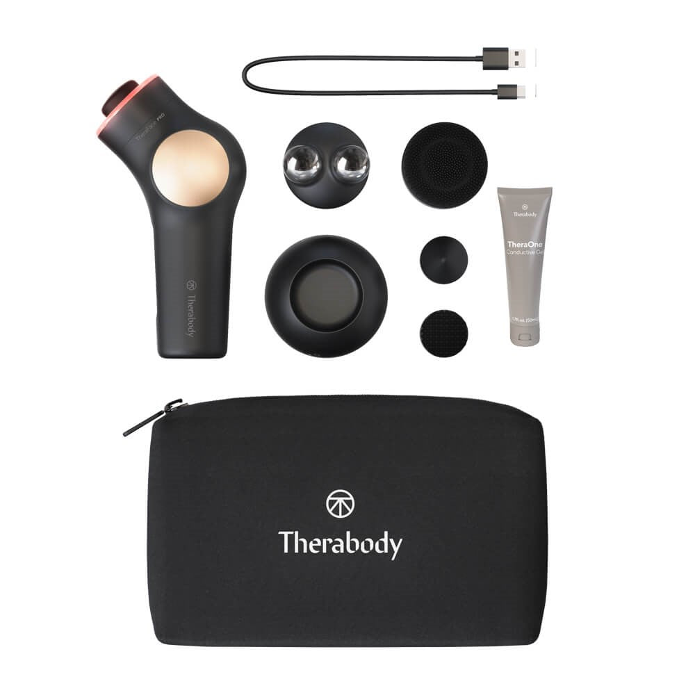 Therabody theraface pro skincare device with multiple attachments USB cable gel tube and black carrying case