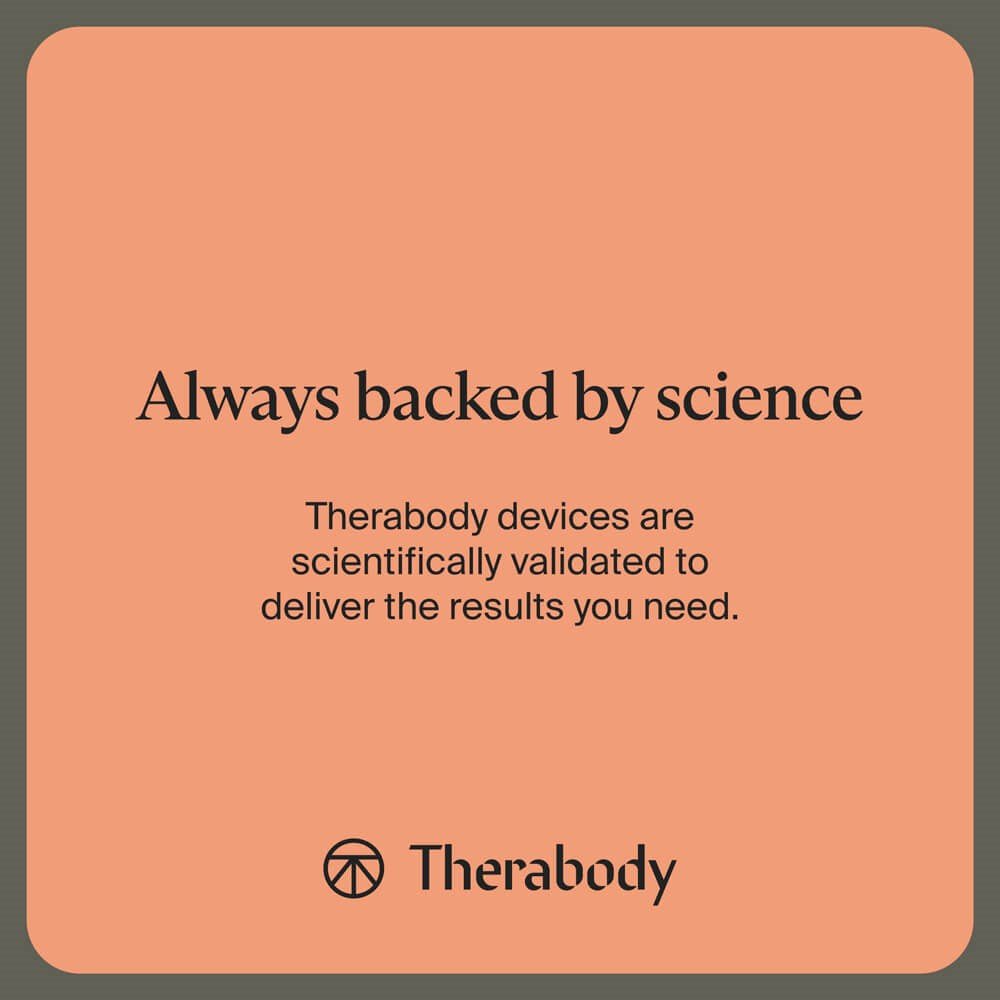 Promotional text about Therabody devices being scientifically validated on a peach background.