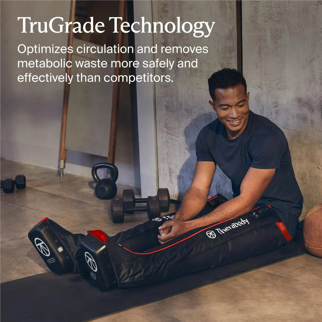 man using therabody jetboots pro plus compression boots with benefit