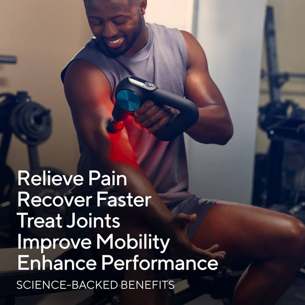 man using therabody theragun pro plus g6 with benefits listed 