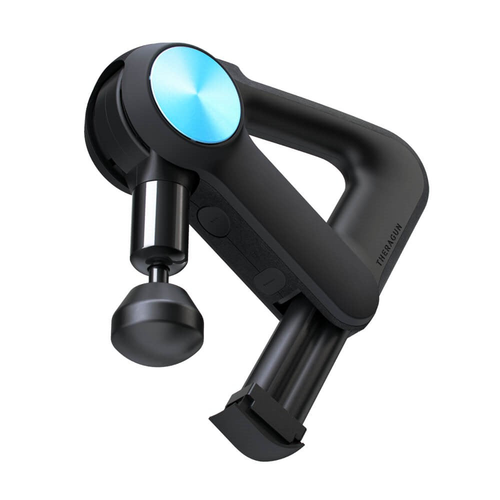 Therabody massage gun in black with blue accent and ergonomic handle for deep muscle therapy