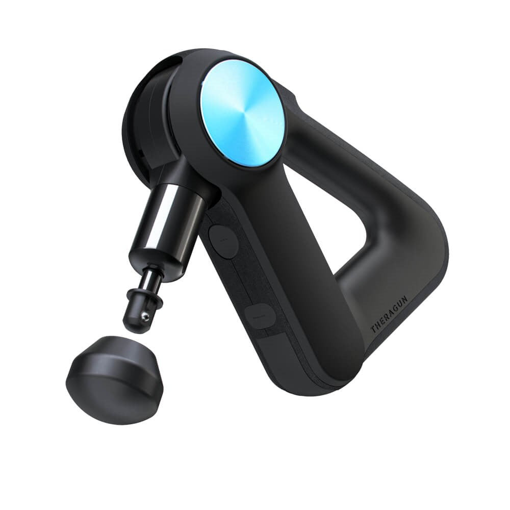 Therabody black massage gun with blue accent and detachable massage head for muscle relief